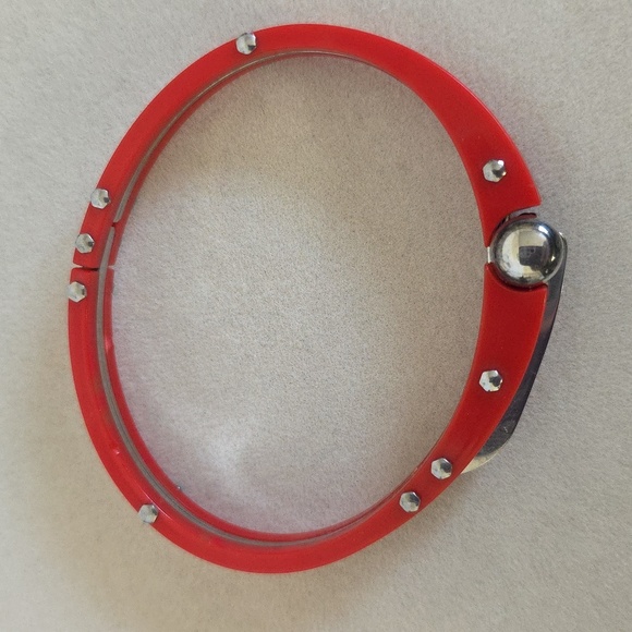 Unique Red Acrylic and Silver Stainless Steel Handcuff Style Bracelet - Picture 3 of 12